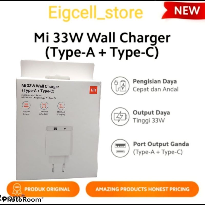 Adaptor Charger 33W  Original Xiaomi (Wall Charger Type A + Type C Charger Kepala HP)