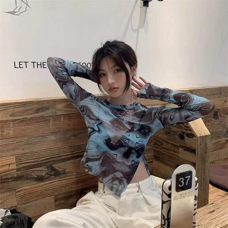 Korean Summer Transparent Side Slit Anti UV Long Sleeve Tulle / Atasan Wanita Lengan Panjang Asimetris 2546