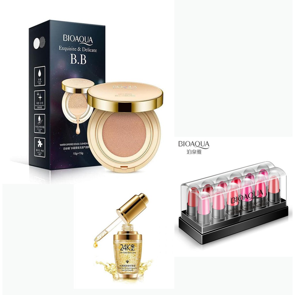 Bioaqua Chusion + 1 Serum Gold 24k + lipstik 12 warna + pensil alis implora