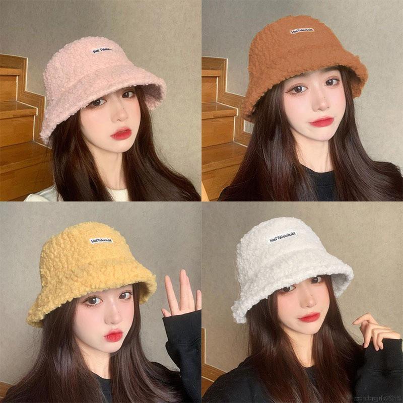 Topi Bucket Musim Dingin Bahan Wol Bulu Domba Hangat Gaya Korea Untuk Wanita