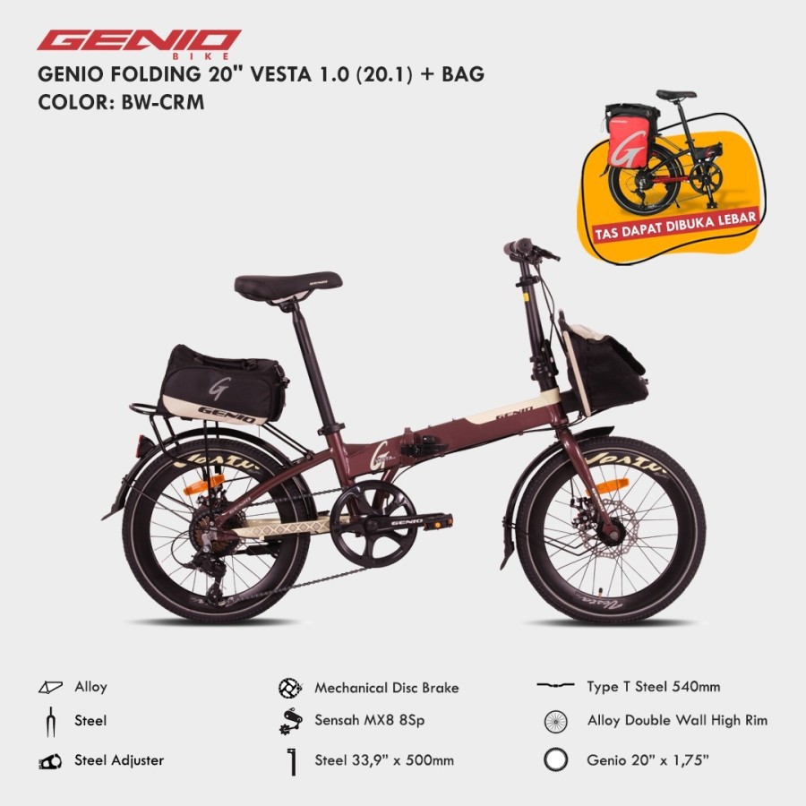 Sepeda Lipat 20 Genio Vesta 1.0 8 Speed Bonus Helm