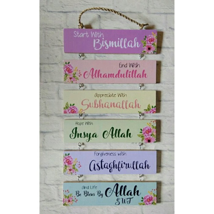 hiasan dinding gantung shabby islami unik susun 6 Bismillah ungu pink