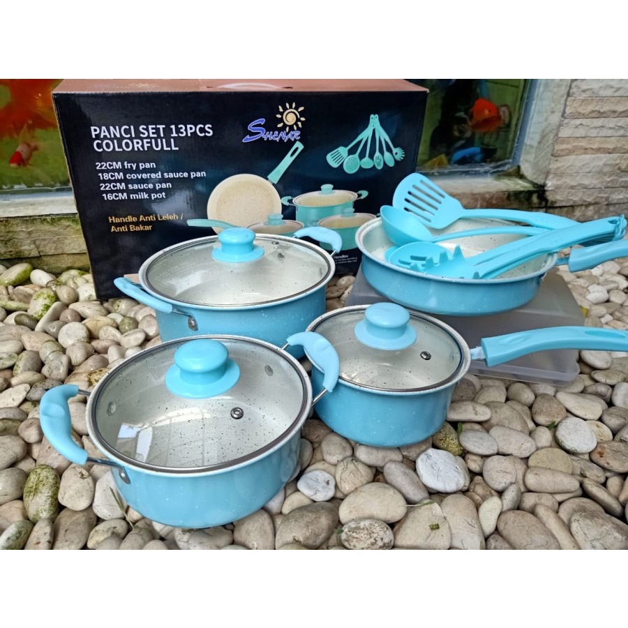 SHENAR PANCI SET 13 PC COLOURFULL / PAKET COOKWARE SET 13 PC HANDLE ANTI BAKAR/ ANTI BAKAR