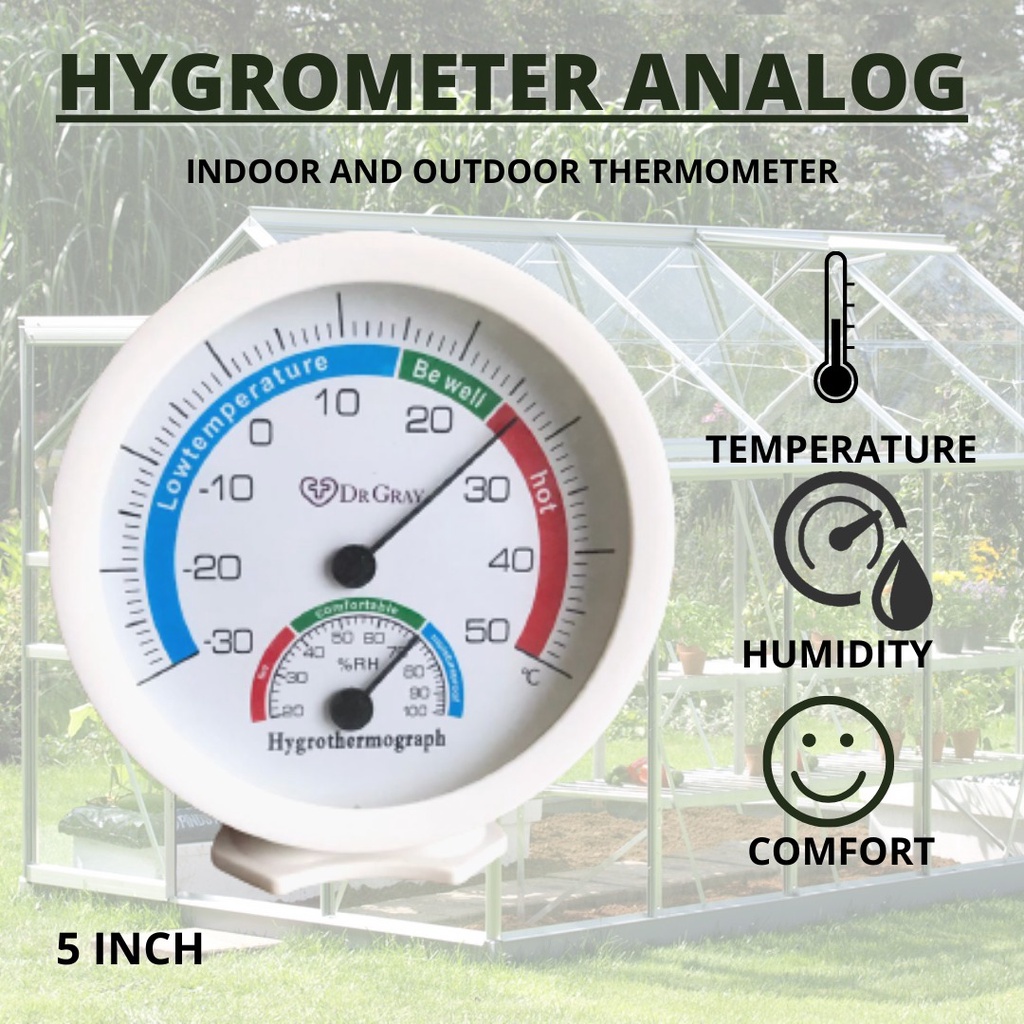 Termometer Alat pengukur suhu ruangan - Thermometer Hygrometer analog temperature room 5 inch DR GRAY