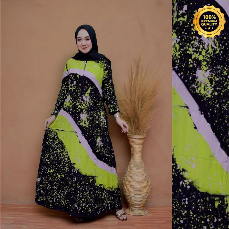 Gamis Twill Rayon Malaman Terbaru Kekinian Busui | Gamis Tiedye NEW-WAVE HIJAU