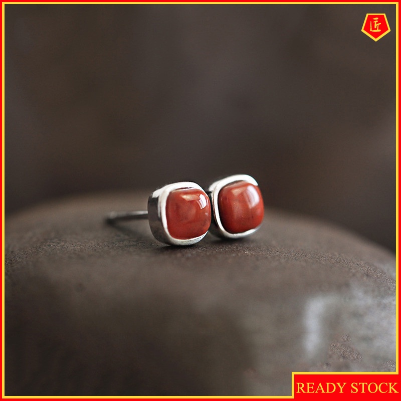 [Ready Stock]S925 Silver Elegance Retro Natural Red Agate Ear Studs