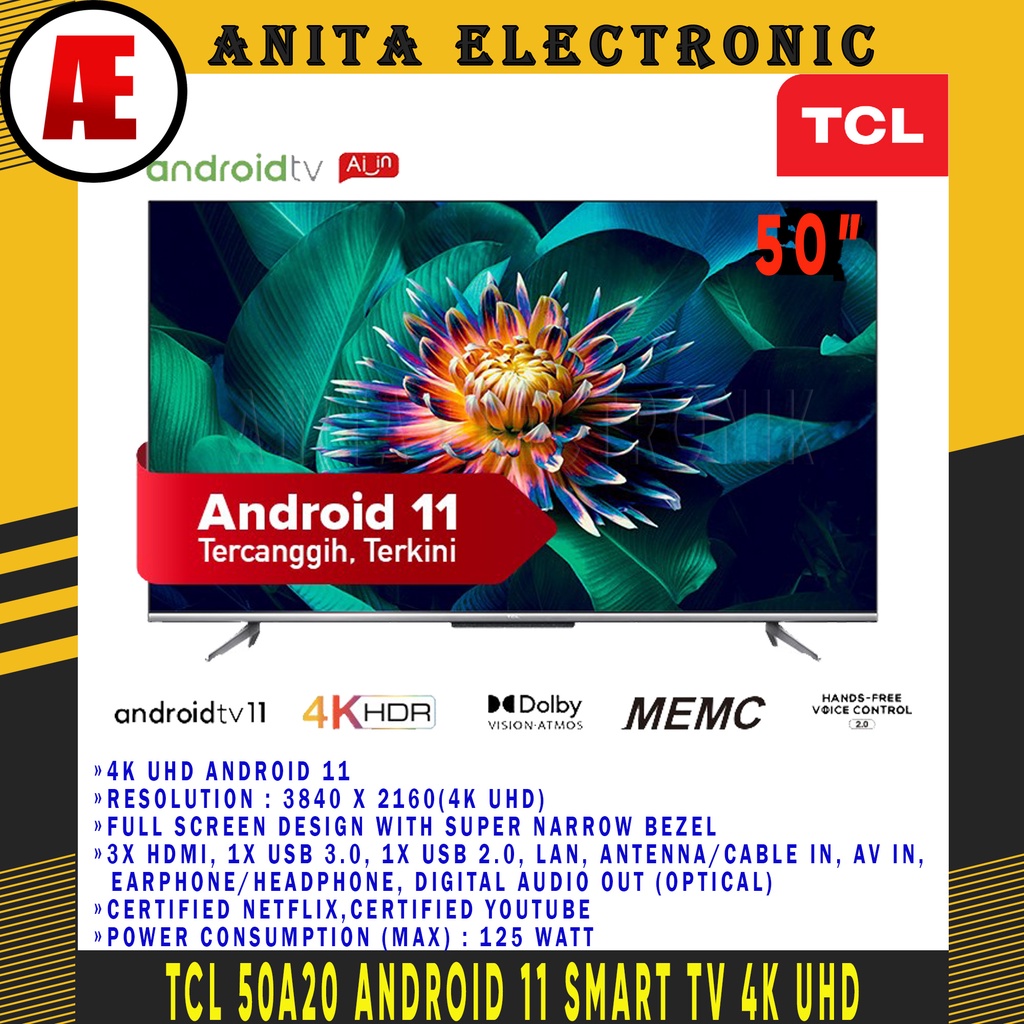 Jual TV TCL 50 INCH ANDROID 11 TV 4KUHD-HDR10-HFVC 2.0-MEMC-HDMI 2.1 ...