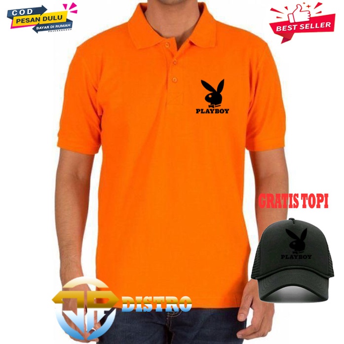 Bonus Topi.. Kaos Distro Polo Kerah Playboy Logo Hitam Premium Quality Atasan Pria Wanita Promo Term