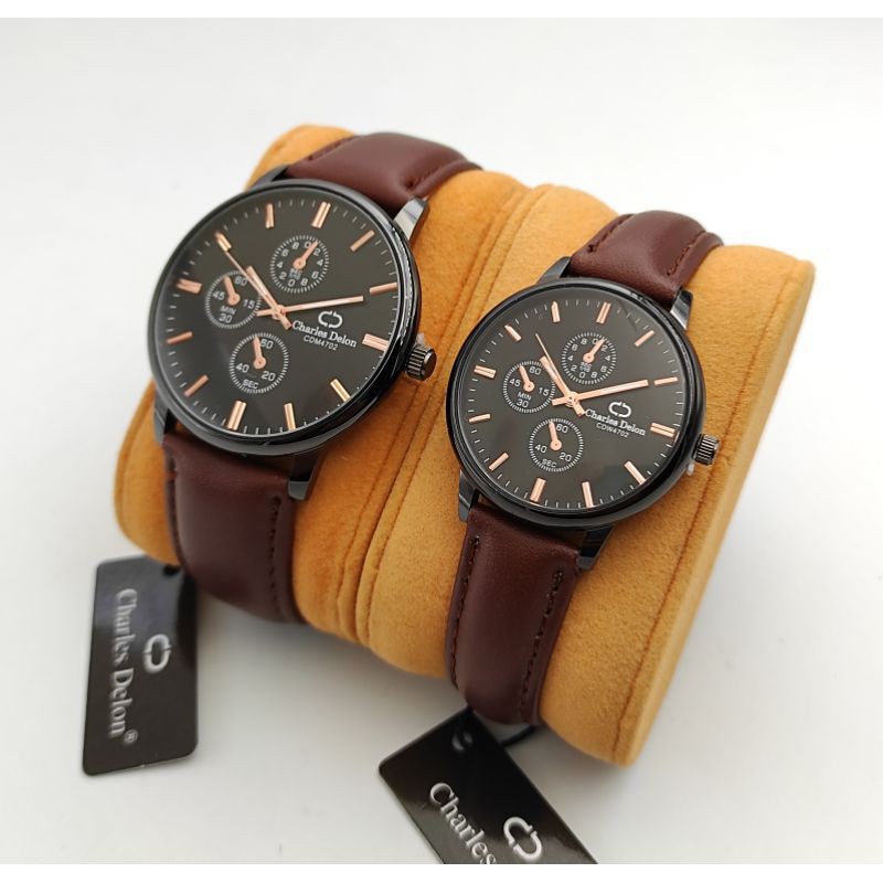 JAM TANGAN PASANGAN KEREN ELEGANT CHARLES DELON ORIGINAL WATER RESIST LEATHER STRAP