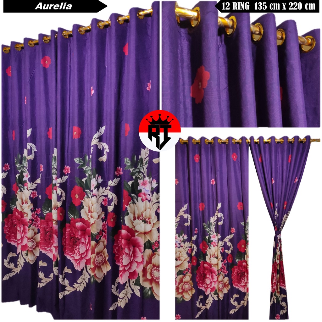 Gorden Smokring 12 Ring Hordeng Pintu Jendela Kamar Motif Bunga Warna Ungu Tua Aurelia Uk Lebar Ting