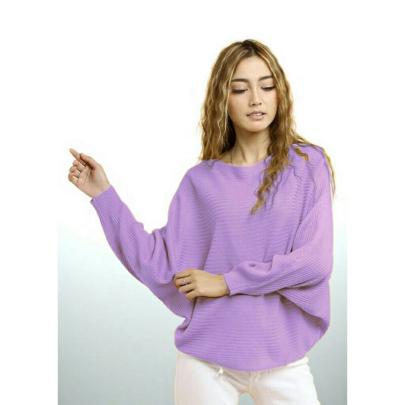 Atasan Rajut Jumbo Wanita Outerwear Blouse Batwing Oversize Lasperal Knit Prily Batwing Kalong Monochrome-Lavender