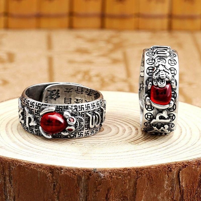 Cincin Lapis Silver Hias Ukiran Batu Permata Merah Gaya Vintage Untuk Pria Dan Wanita