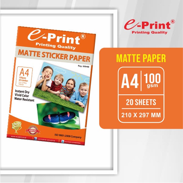 

(DISKON TERMURAH) Kertas Foto Stiker Doff Matte A4 100gsm 20lembar e-Print