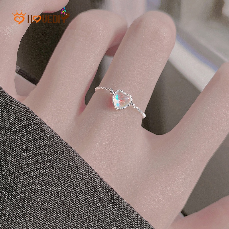 Cincin Wanita Adjustable Bentuk Hati Aksen Moonstone Gaya Korea Untuk Pesta