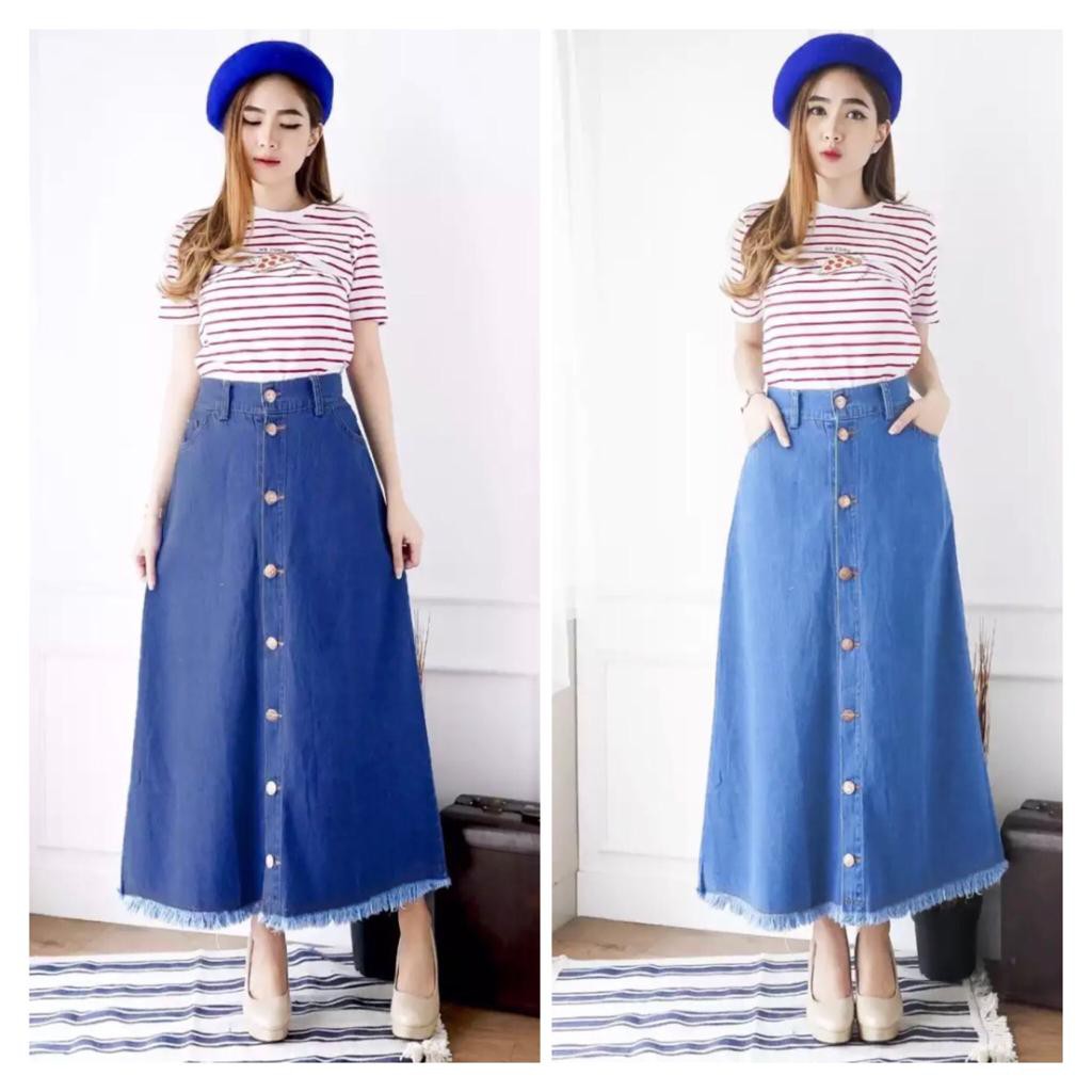 Rok Panjang Wanita Rok Jeans Panjang Rumbai Rawis Kancing Depan Button Denim Maxi Skirt Korea MILA
