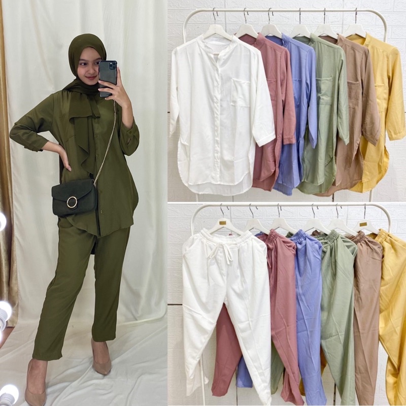 CELIA SET / ONESET BASIC / SETELAN WANITA BAHAN BOTEGA PREMIUM / SETELAN DAPAT KEMEJA + PANTS