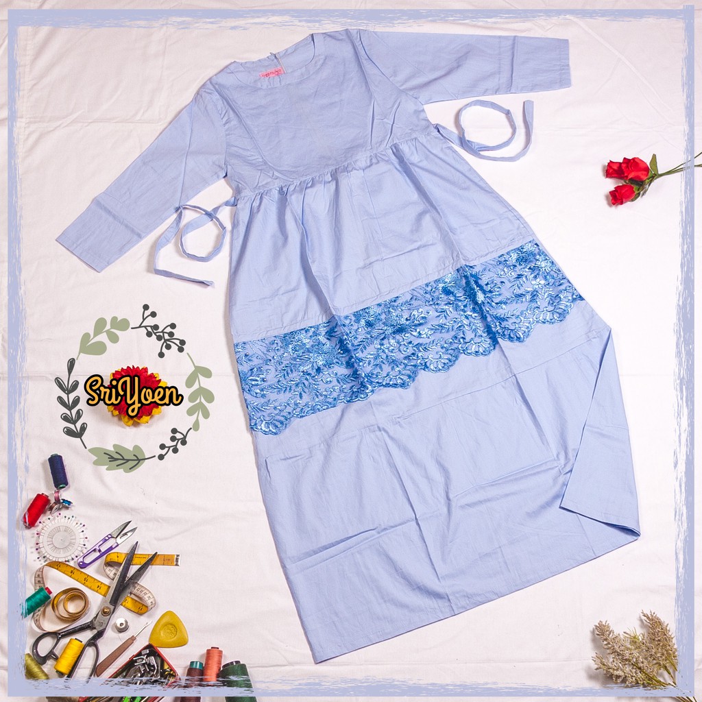 Baju Gamis Anak Bahan Katun Jepang Aksen Brokat - Biru Muda