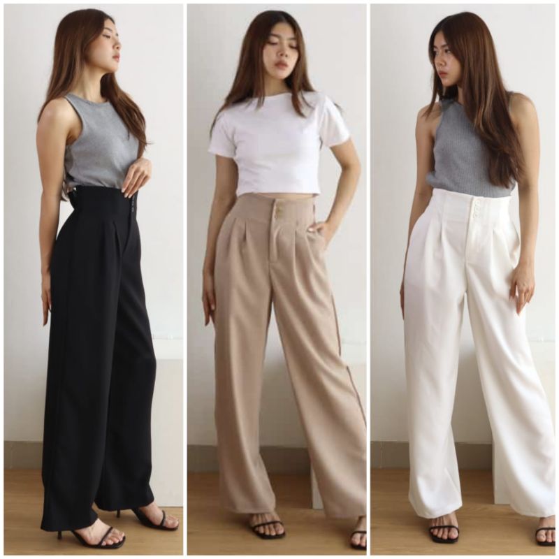 ⚡️CLEARANCE SALE ♡ PREMIUM ♡ ORIGINAL ! CANTAYA HIGH WAIST PLAIN BUTTON LONG CULLOTE  PANTS / CELANA KULOT PANJANG