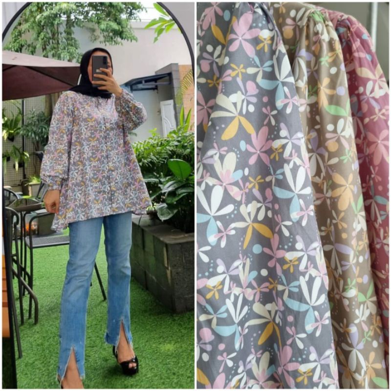 Blouse katun jepang motif bunga kerut dada ori by Edness kayla