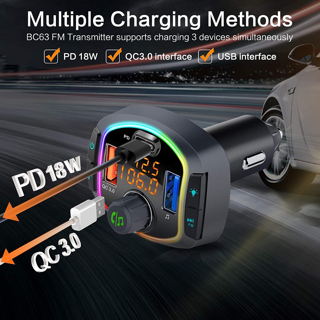 BC63 - Bluetooth Hands-free Car Charger 2 USB Port and 1 USB-C PD Port
