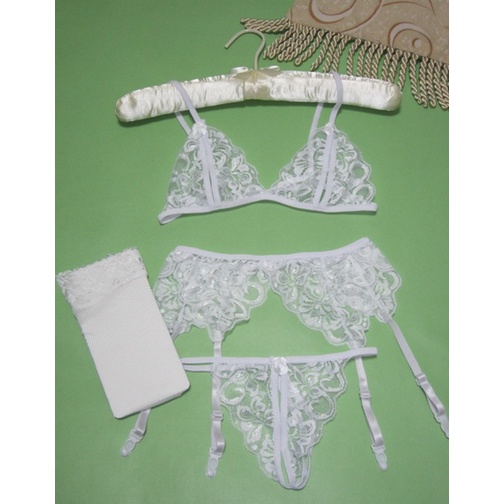 (Ready Stock) Lingerie Wanita Set 4 potong Lace Teddy Babydoll Bikini dengan Garter Belt 3T06