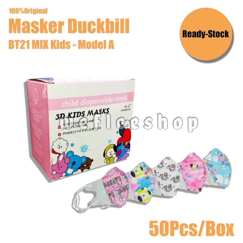 Masker Duckbill Anak BTS 1 box isi 50 pcs Mix Warna BT21 PREMIUM bisa instant/sameday