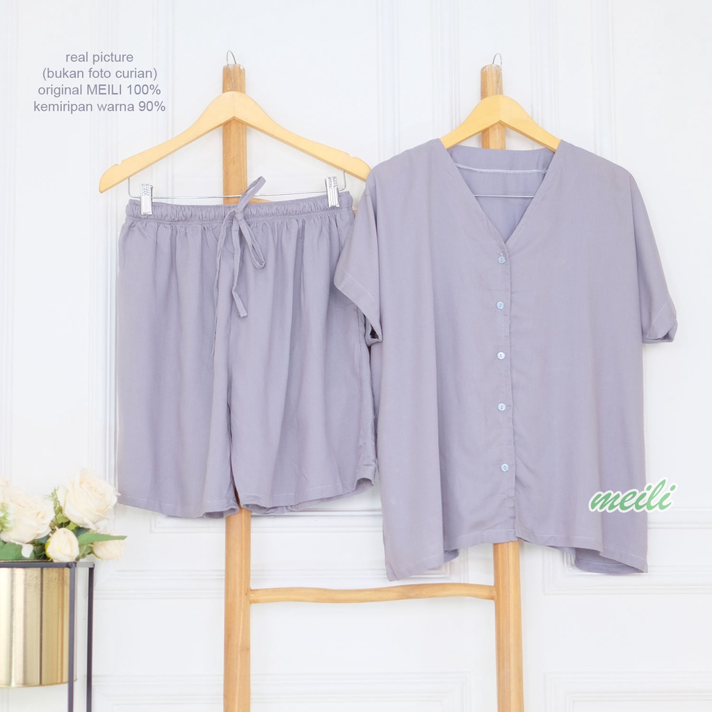 BIGSIZE | XXL 5L LD 120 140 Gemoy Oneset Rayon Polos Aneka Warna Setelan Piyama Jumbo Celana Pendek Sleep Wear Original Meili-Grey