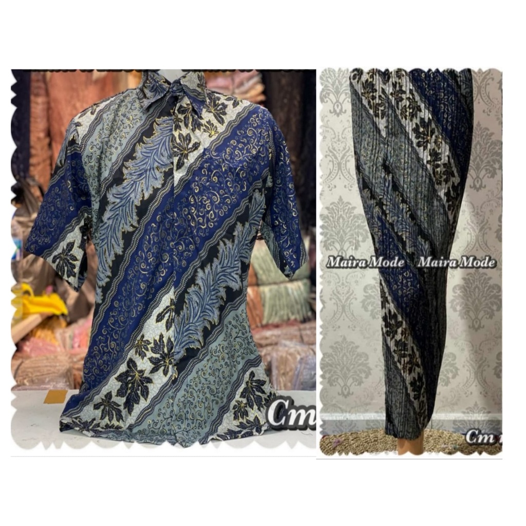 Couple batik kemeja dan rok plisket / set rok plisket dan kemeja batik / motif cm biru