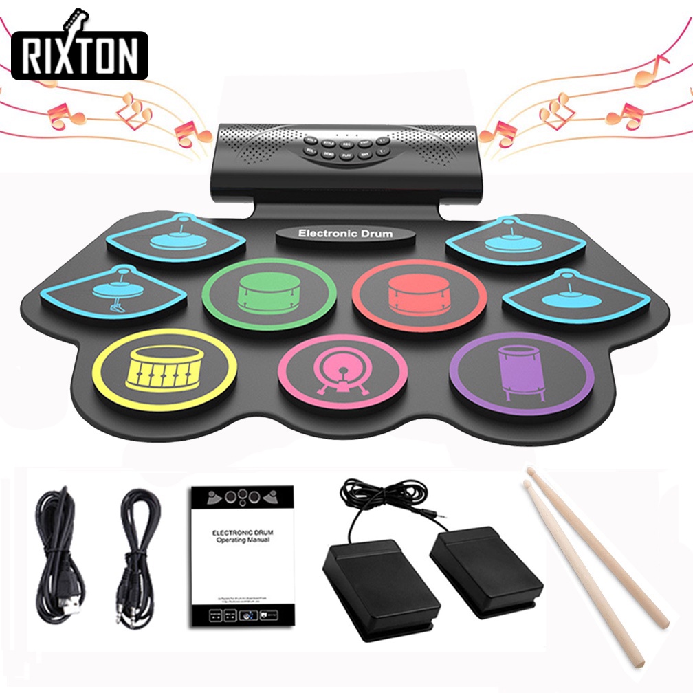 Rixton Electronic Drum Set 9 Pads Bluetooth Roll-Up Digital Drum Built-in Dual Speaker With MIDI Function