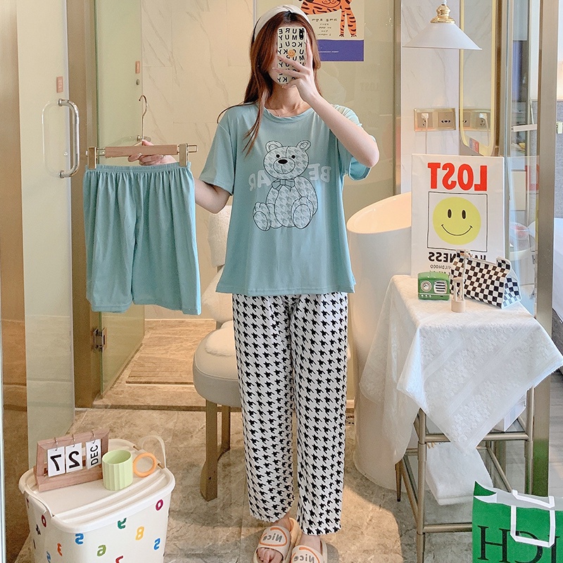 AJW Shop Piyama 3in1 | Piyama Import Dewasa | Setelan Wanita Kekinian | Baju Tidur Wanita Dewasa-Bear Tosca