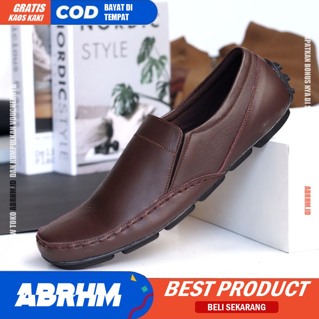 ABRHM X NIBA Sepatu Slip On Pria Kulit Asli Sepatu Pria Pantofel Kerja Sepatu Kasual Cowok / Cowo Santai Kekinian Original