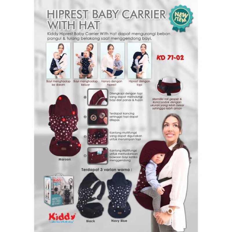 Kiddy Hiprest Baby Carrier With Hat KD 7102 / Gendongan Bayi Depan / Gendongan Depan Bayi / Gendonga