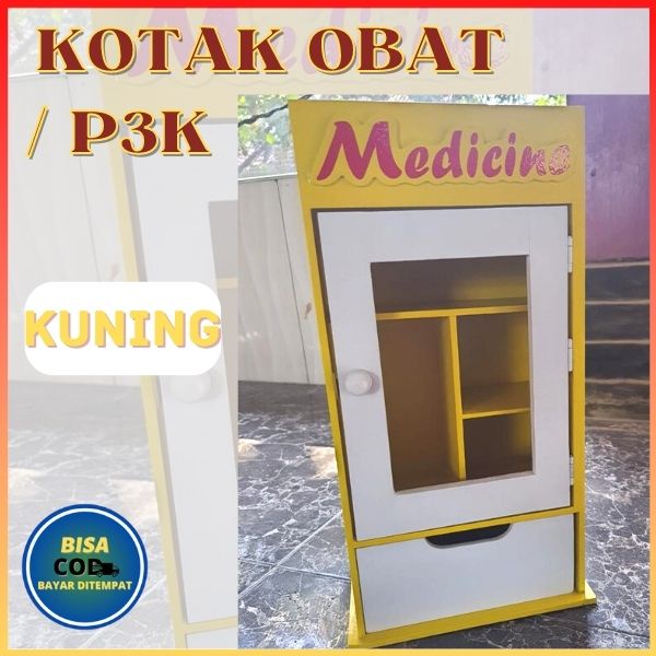Kotak Obat P3K Kayu Warna Kuning Kotak Obat Dinding Murah Ukuran 24x11x40 CM Box Penyimpanan Serbagu