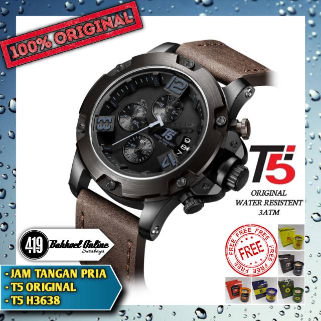 Jam tangan pria cowok T5 original H3638 tali kulit Brown Black