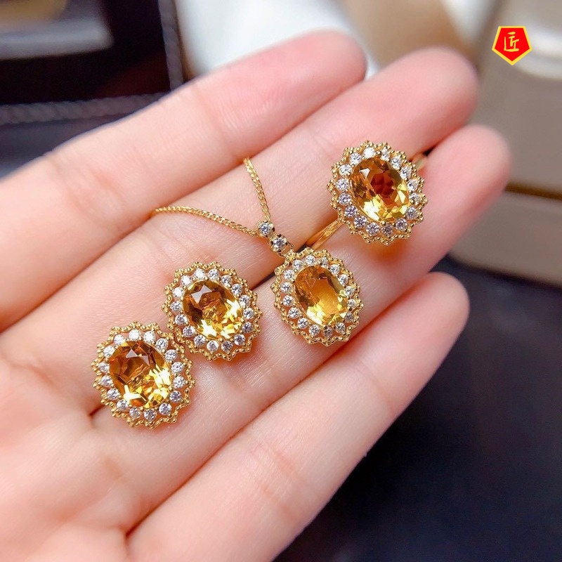 [Ready Stock]Lucky Citrine Pendant Set Full Diamond Rings Ear Studs