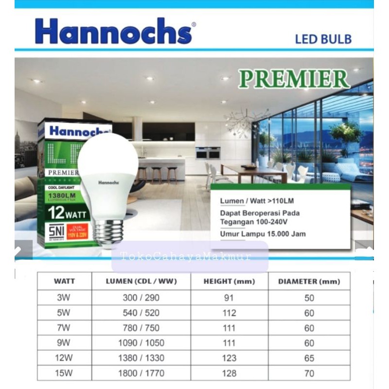 Lampu Bohlam LED Premier 3w,5w,7w,9w,12w,15w Hannochs Hemat Energy