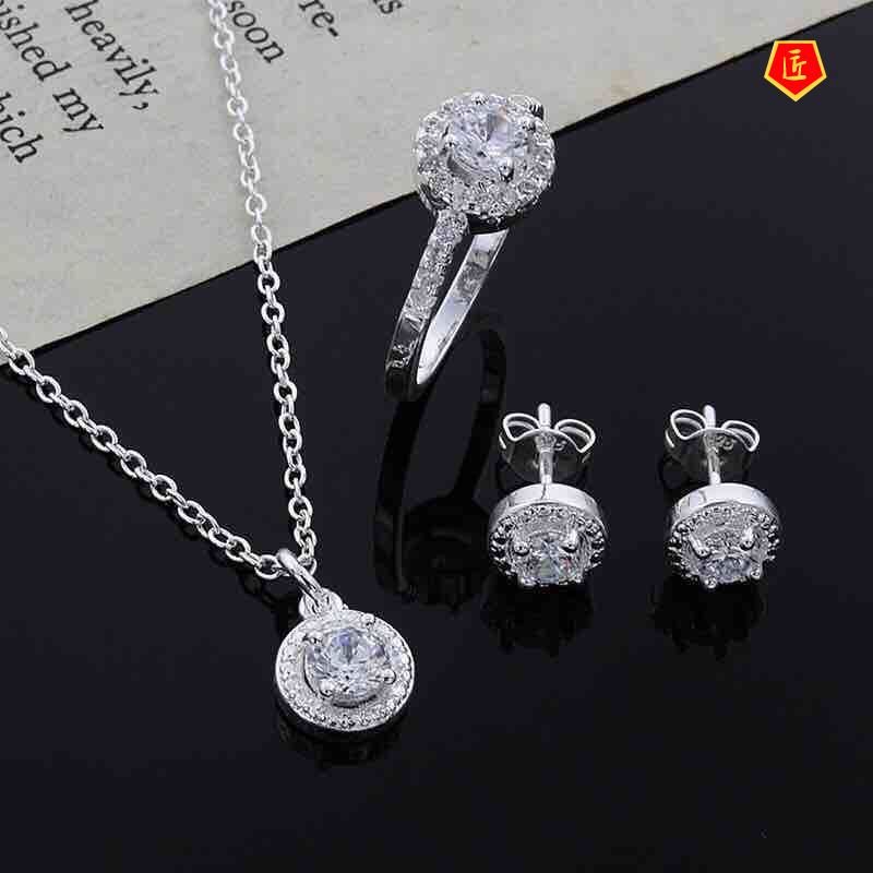 [Ready Stock]Crystal Silver Necklace Ring Earrings Three-Piece Set