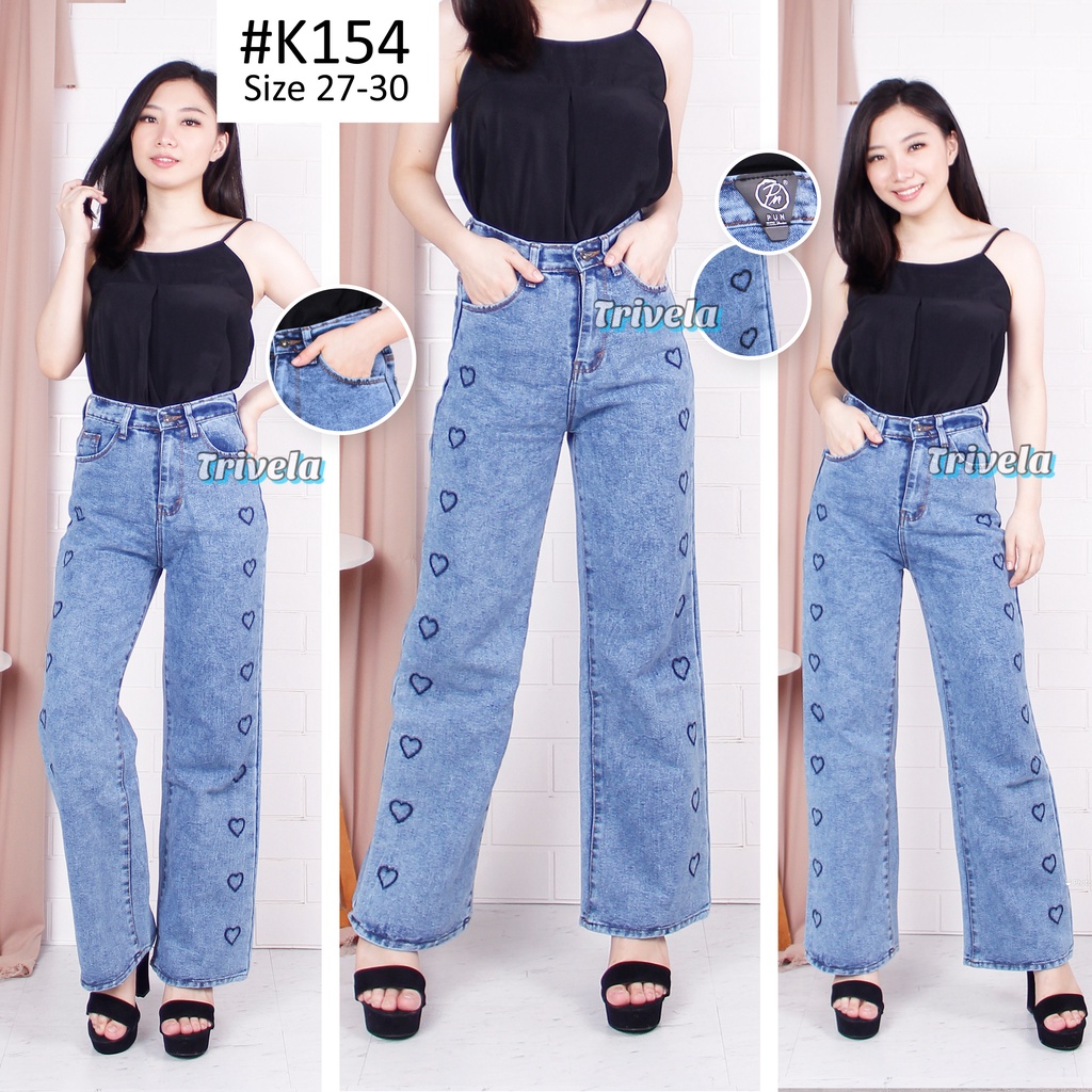 T154 - Kulot Jeans Love / Love Jeans / Celana Jeans Panjang Model Longgar Anti Ngatung / Highwaist Model Korea