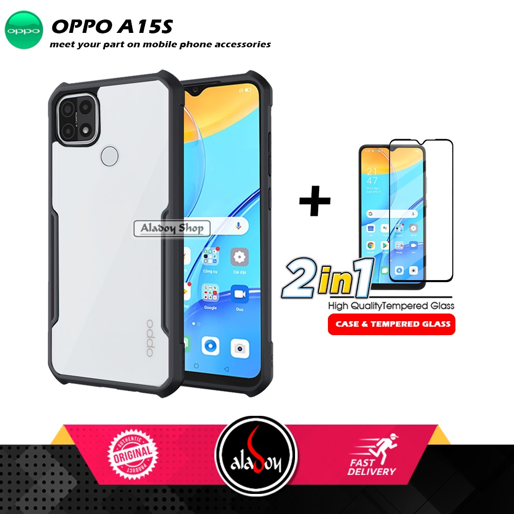 PAKET 2 IN 1 Case Oppo A15S Armor Fusion Transparent Prmium Casing Free Tempered Glass