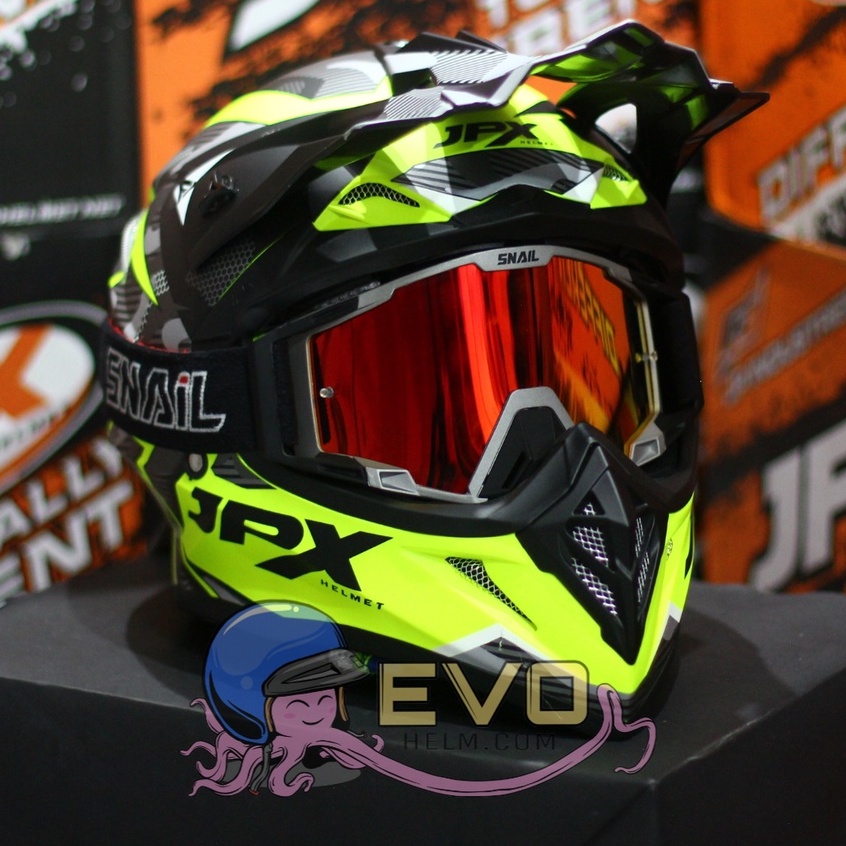 HELM JPX CROSS_FOX1 SERI X35 - FLUO YELLOW DOFF + GOOGLE SNAIL (ONGKIR 2 KG) HELM JPX X35 YELLOW FLUO ORIGINAL HELM JPX CROSS X35 MOTIF HELM JPX TERBARU