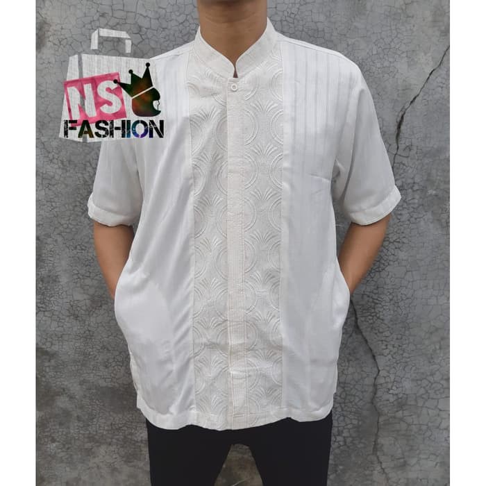 Baju Koko Pria Muslim Size M L XL Lengan Pendek Semi Sutra Putih Amran