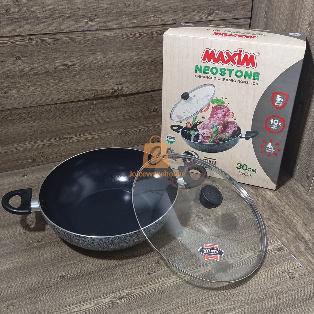 Maxim Neostone Wajan Wok 30cm | Wajan Anti Lengket Marble Keramik + Tutup Kaca 30 cm