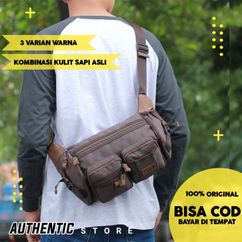 AUTHENTIC Tas Selempang Sling Bag Waist bag Pria Cowok Tactical Kulit Asli Original