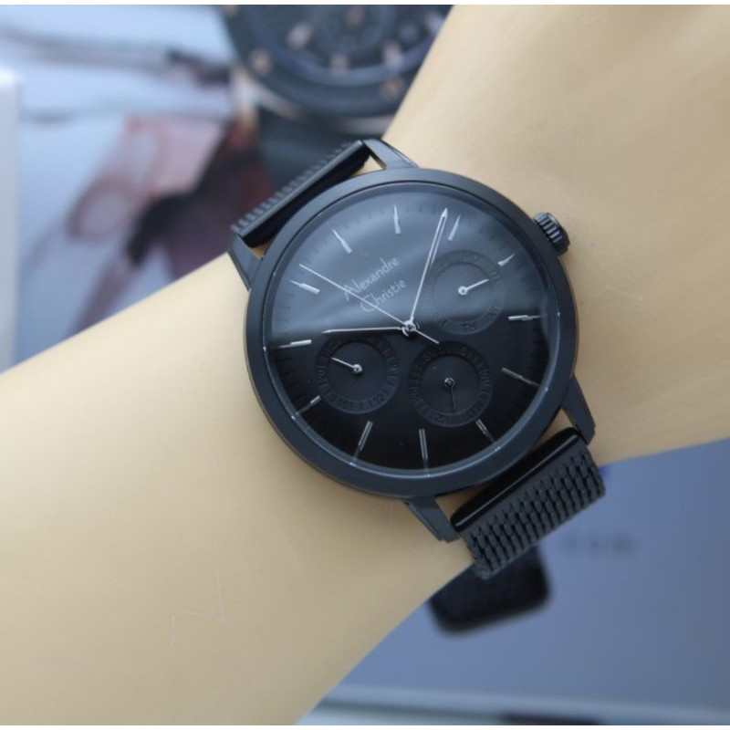 ORIGINAL GARANSI RESMI JAM TANGAN PRIA ALEXANDRE CHRISTIE FULL BLACK RANTAI PASIR STAINLESS STEEL AR