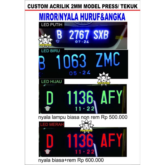 plat nomor mobil nyala custom akrilik press/tekuk