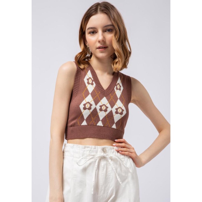 Colorbox Argyle Patterned Crop Vest I-Vegkey122D064 Brown