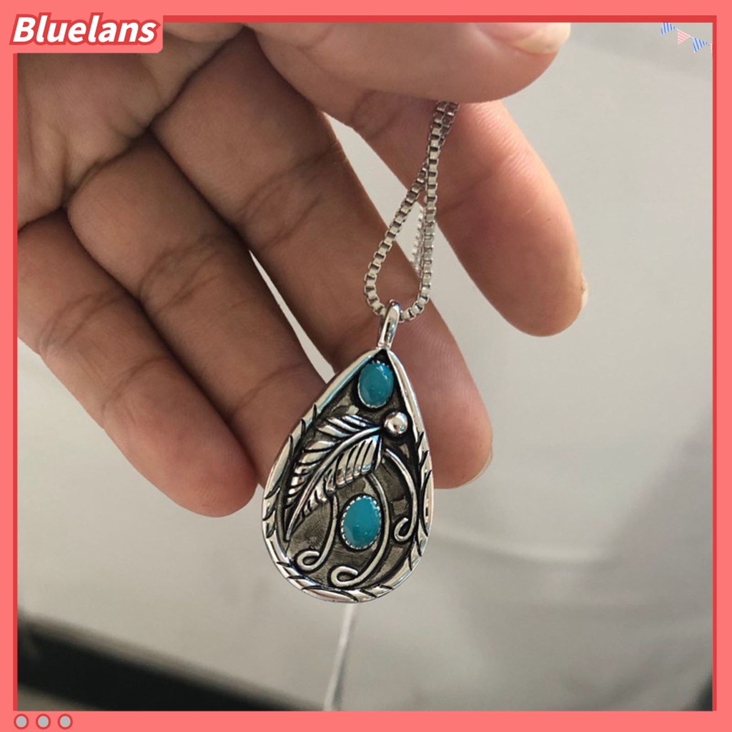 Kalung Liontin Batu Pirus Bentuk Tetesan Air Bahan Alloy Gaya Vintage Untuk Unisex