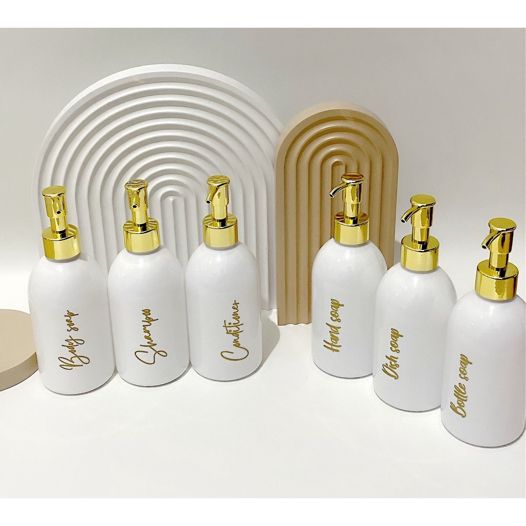 botol 250ml new stiker GOLD NEW. aesthetic bottle minimalist refill organizer tempat sabun cair pump putih estetik