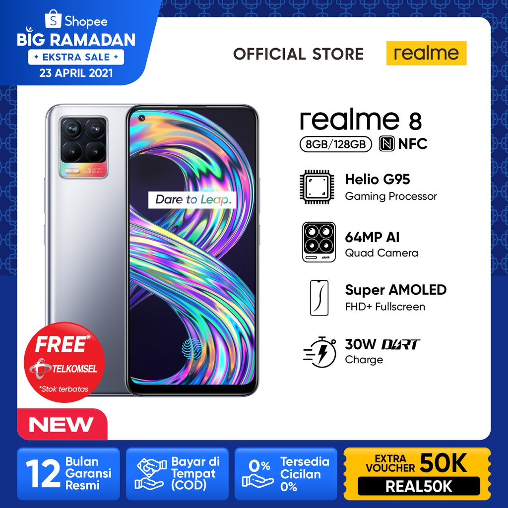 Promo Cuci Gudang Hp  HP realme 8 8/128GB [Super AMOLED, 64MP AI Quad Camera, Helio G95]  Hp Murah