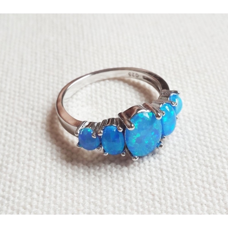 Cincin Sterling Silver   Batu Opal Biru Api untuk Wanita